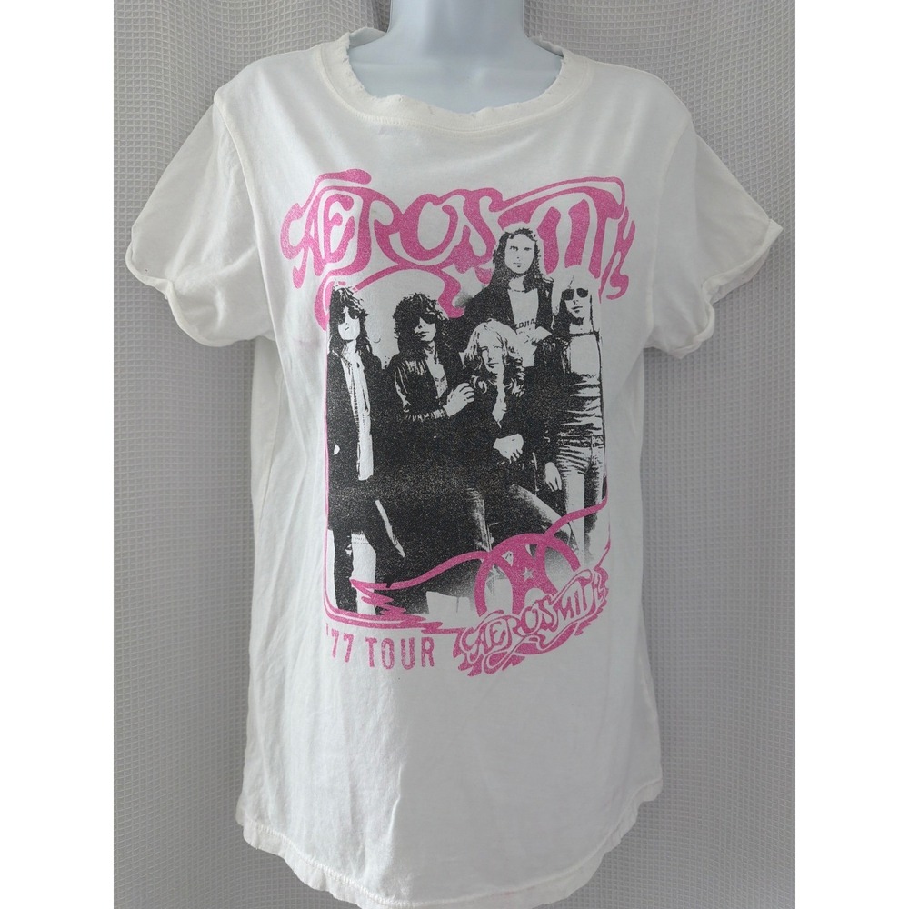 Recycled Karma Aerosmith 1977 Tour Graphic Tee White Pink Distressed Womens xs